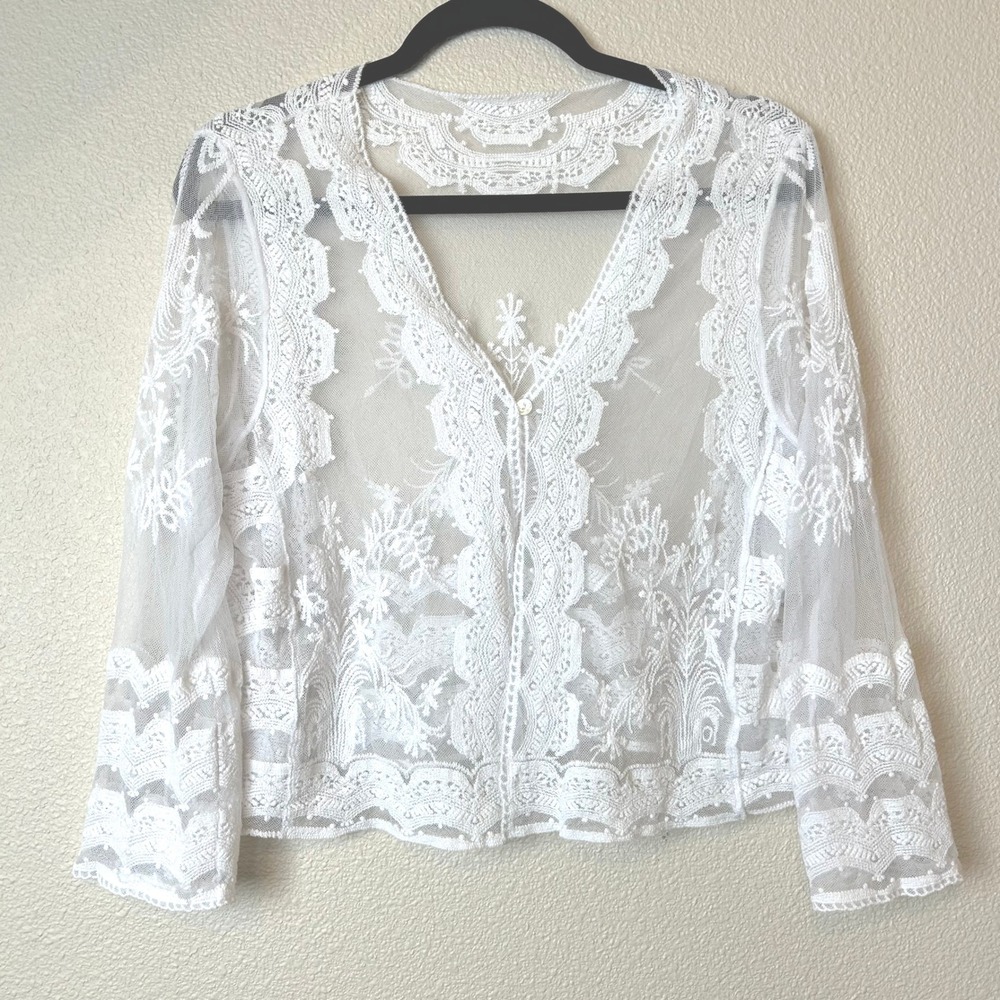White Floral Lace Sheer Mesh Cropped Cardigan V-Neck Boho Fairy Layering Top